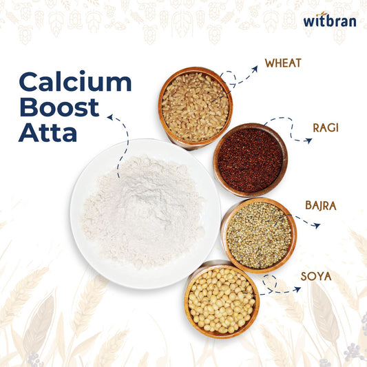 An image displaying Witbran Calcium Boost Atta, which is a blend of wheat, ragi, bajra, and soya grains, indicating the product's calcium-rich composition.