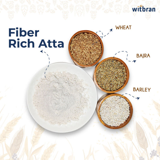 The image displays a fiber rich flour made from a blend of wheat, bajra (pearl millet), and barley.