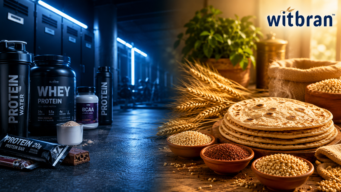 Premium Sharbati wheat flour vs multigrain atta protein and fiber laboratory test comparison chart showing diabetic friendly low carbohydrate flour choice with ancient millets pearl millet sorghum finger millet for soft roti dough making.