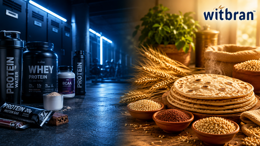 Premium Sharbati wheat flour vs multigrain atta protein and fiber laboratory test comparison chart showing diabetic friendly low carbohydrate flour choice with ancient millets pearl millet sorghum finger millet for soft roti dough making.