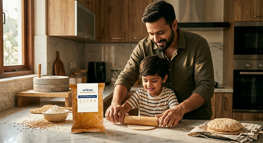 Dad teaching son to roll rotis using Witbran's fresh-milled multigrain flour — zero preservatives, maximum nutrition for a fit, healthy family