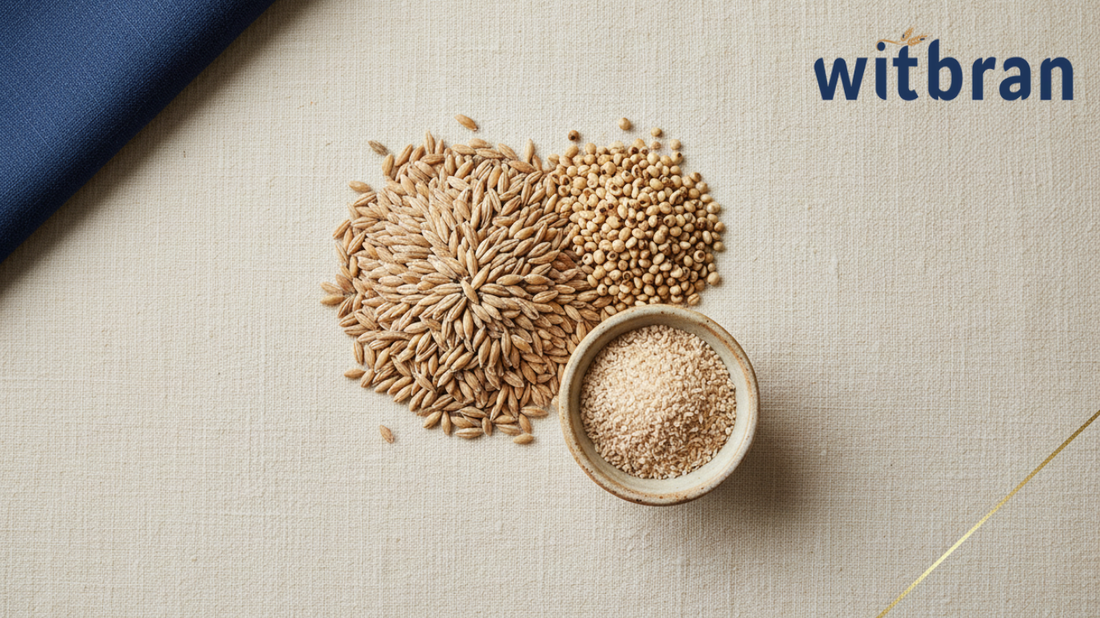 Flat lay of whole barley grains, pearl millet and a bowl of isabgol on a linen background with navy and gold accents