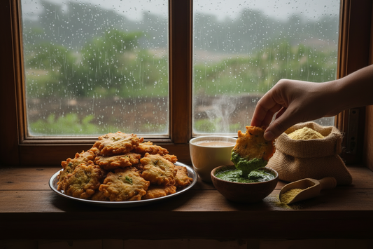 Freshly milled besan pakodas with chai in the monsoon — Witbran