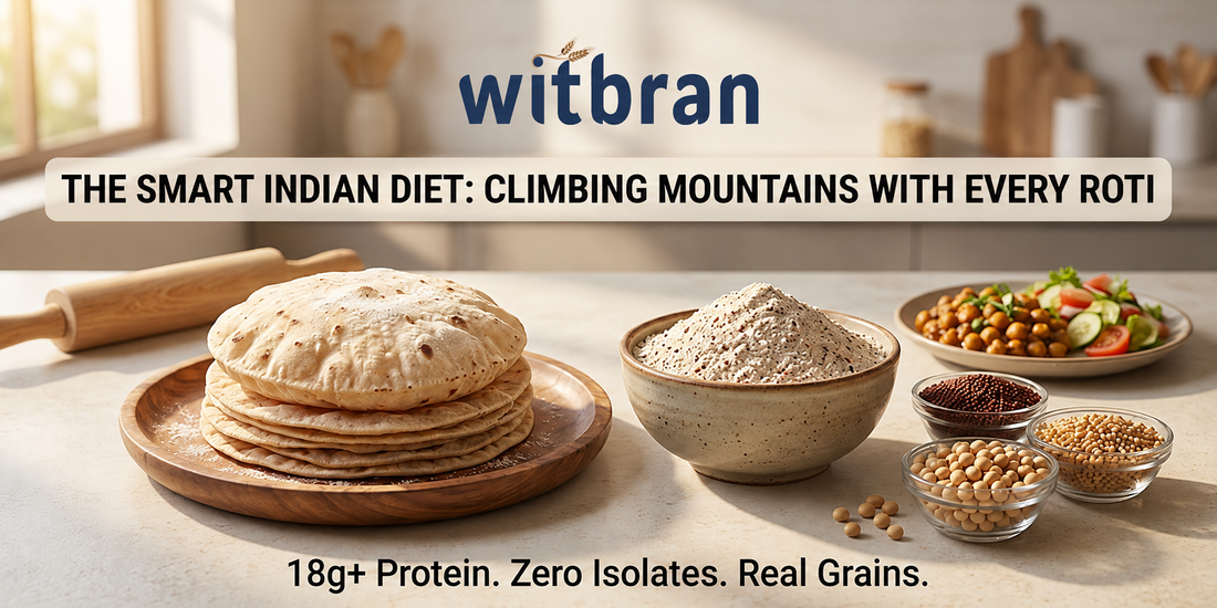 Witbran Protein Packed Flour with fresh rotis, soya, ragi, and bajra on a kitchen counter — 18g+ protein, zero isolates, real whole grains