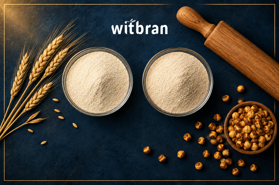 Flat lay of pale flour in glass bowls with wheat stalks, roasted chana, and a wooden rolling pin on a navy background with gold accents, representing Witbran's high protein atta blend.