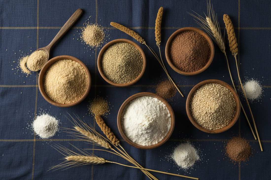 Flat lay of stone-milled whole grain flours — wheat atta, bajra, ragi, jowar and barley — in wooden bowls on a navy linen surface with gold accents