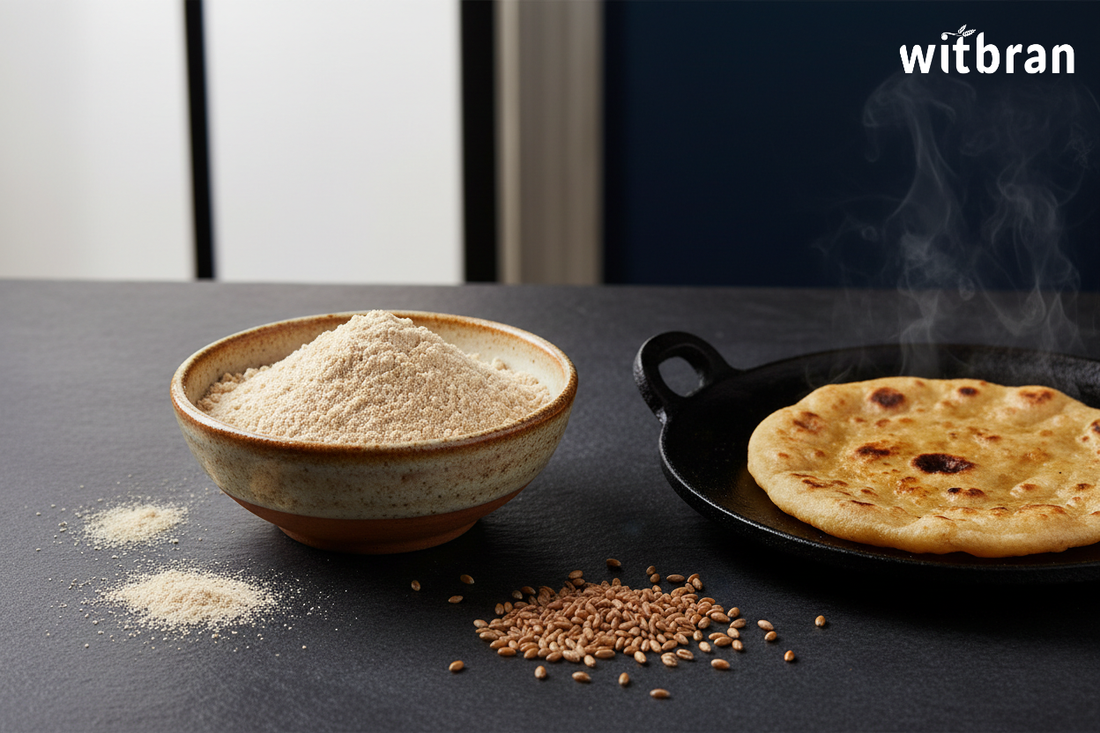 Freshly milled Witbran Khapli Atta emmer wheat flour in a ceramic bowl with scattered wheat grains and a freshly made roti on a tawa