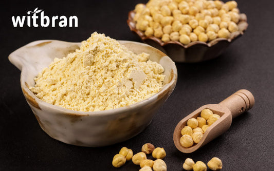 Chana Sattu flour in a bowl with roasted Bengal gram, showcasing a traditional Indian plant-based protein superfood by Witbran