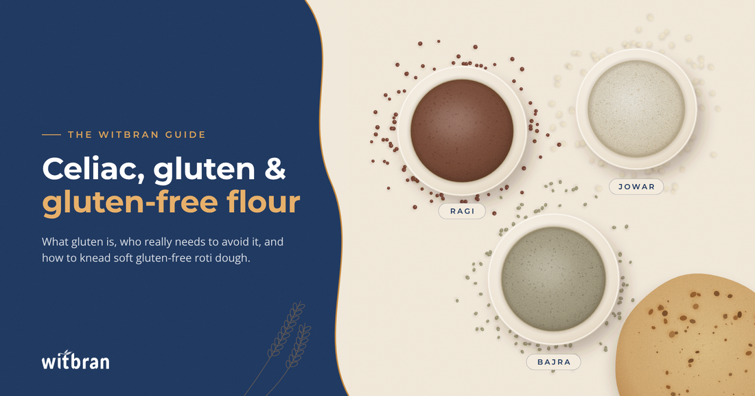 Witbran guide cover for celiac, gluten and gluten-free flour, showing bowls of ragi, jowar and bajra flour next to a roti.