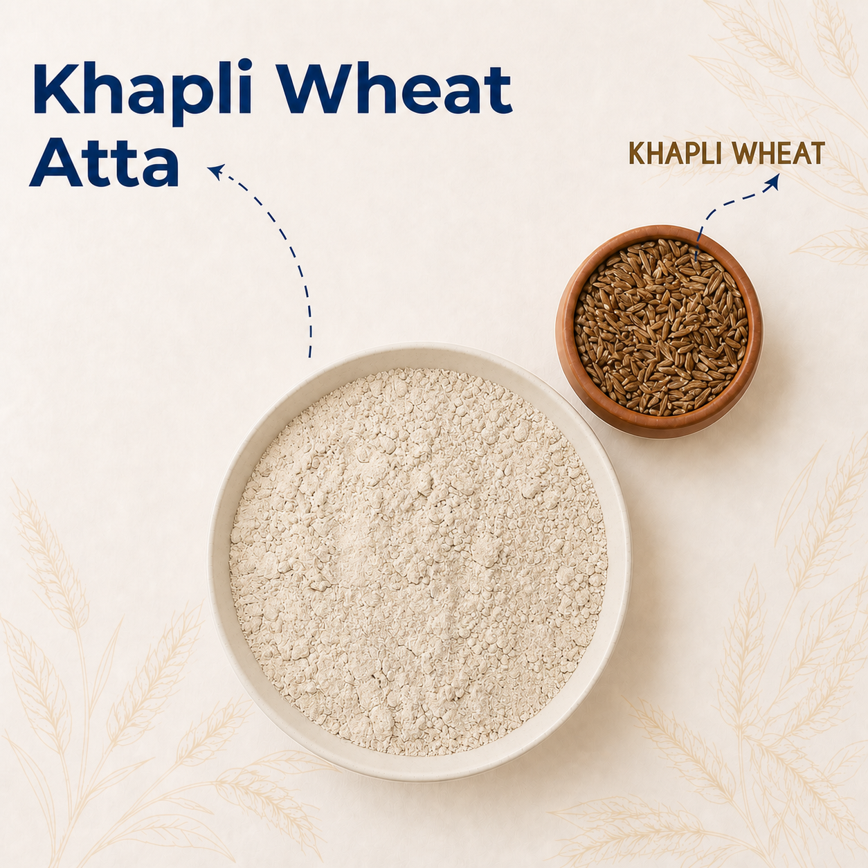 Khapli Wheat Atta flour and Khapli wheat grains in bowls on a cream botanical background.