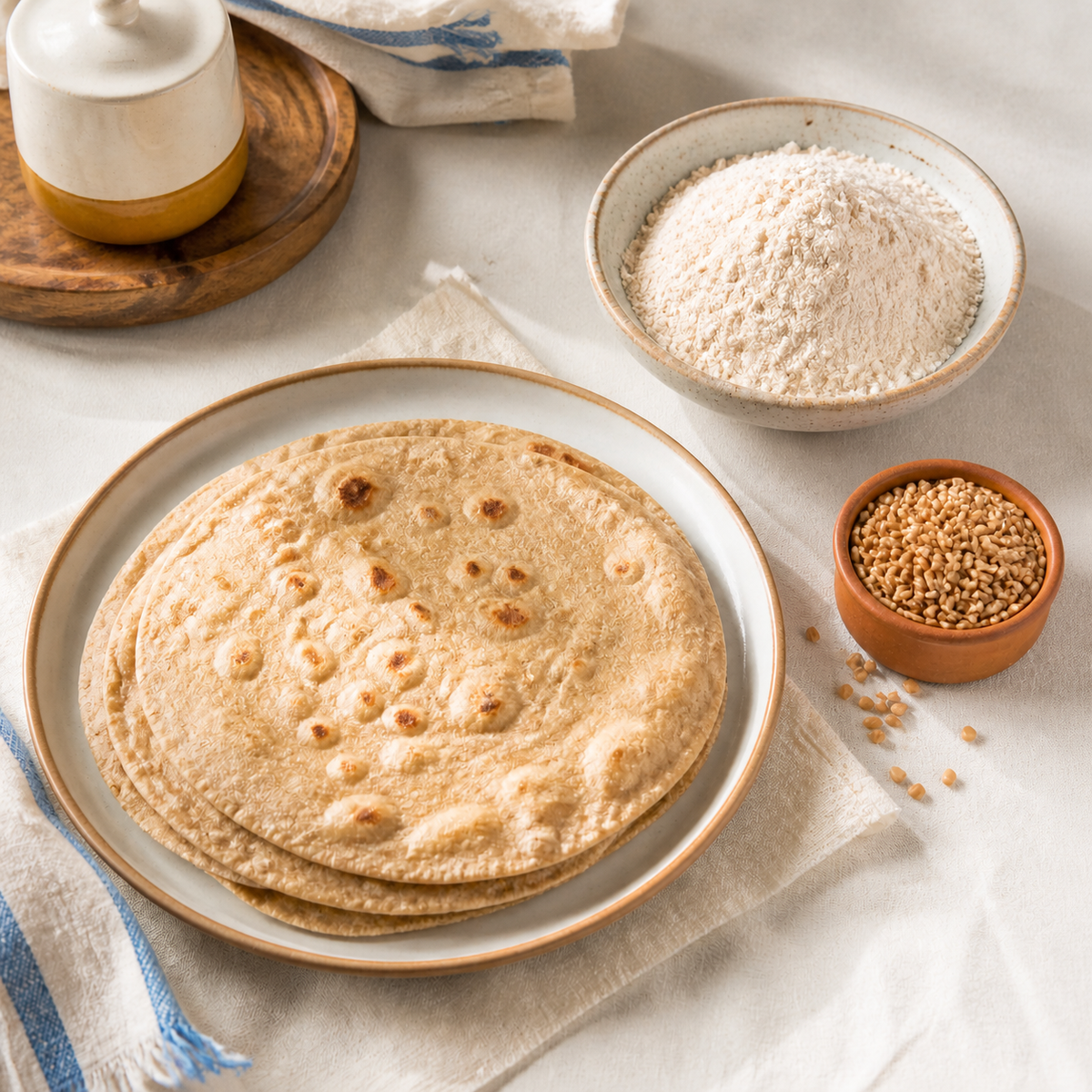A stack of golden-brown flatbreads on a white plate, styled with a bowl of flour, a small bowl of khapli wheat, and a ceramic container on a neutral fabric background.