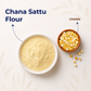Chana Sattu flour and split chana in bowls on a cream botanical background.