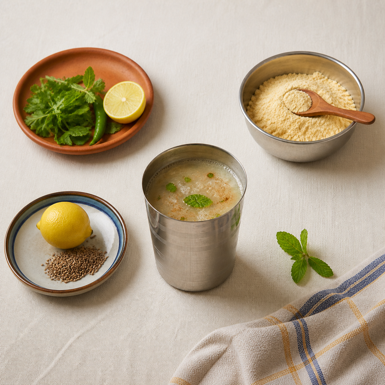 A stainless steel tumbler filled with a light beige beverage, styled on a cream fabric surface with small plates of lemon, mint, seeds, and a bowl of coarse powder. No person or animal is present, and the scene is a styled tabletop product setup rather than a real environment, so subject_type is Product/Packaging.