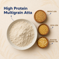A bowl of light beige flour labeled 'High Protein Multigrain Atta' on a cream background, with three small bowls of mixed grains and legumes beside it labeled wheat 65%, soya 25%, and roasted chana 10%.