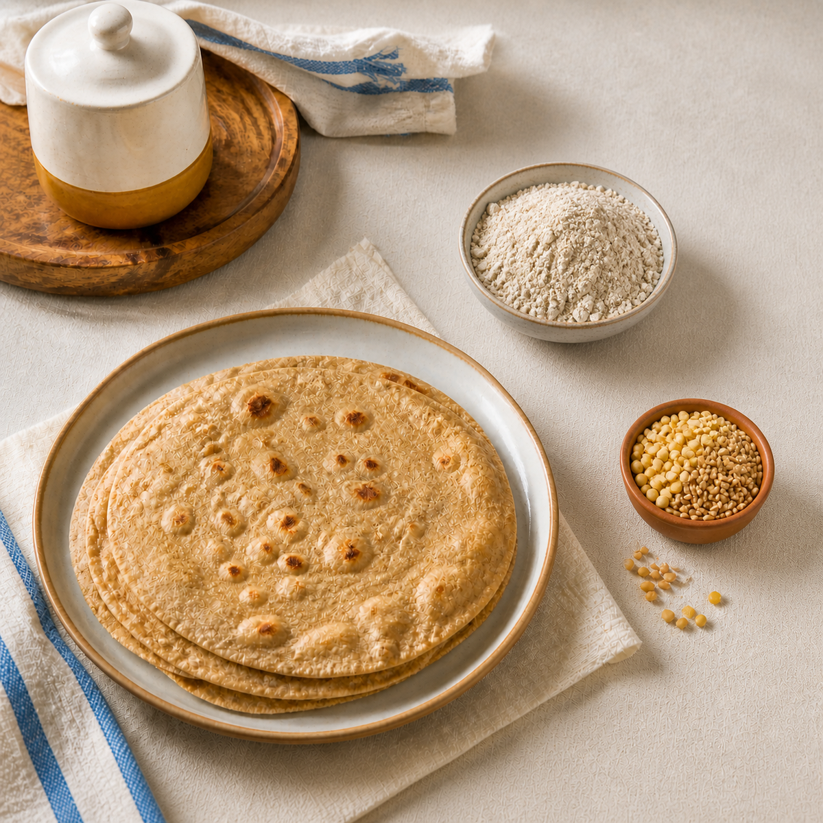 A stack of golden-brown round flatbreads on a ceramic plate, styled on a neutral tabletop with bowls of flour and mustard seeds, a small lidded container on a wooden board, and folded cream-colored napkins.