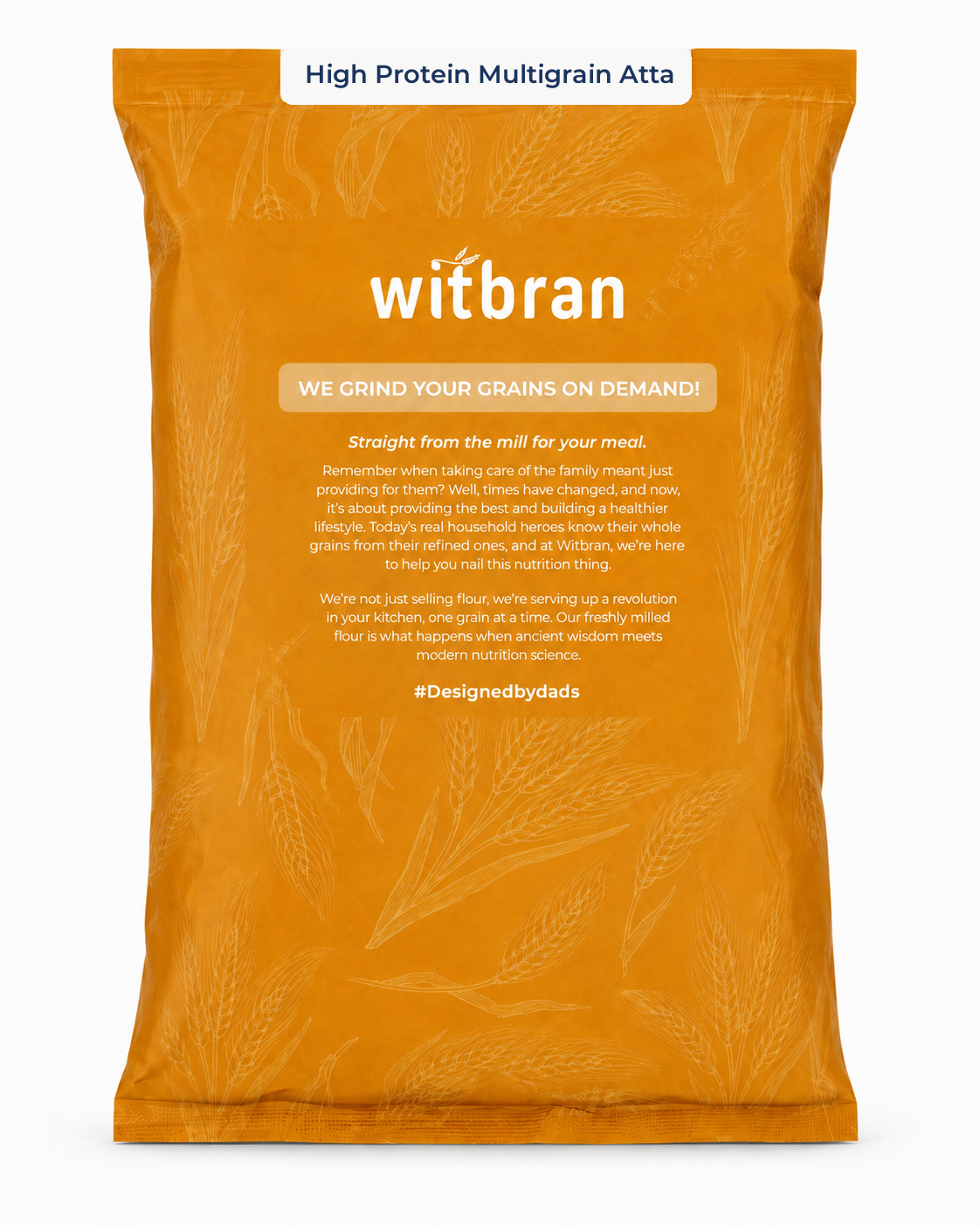 A large orange bag of witbran High Protein Multigrain Atta flour, featuring white branding and product details on a clean white background.