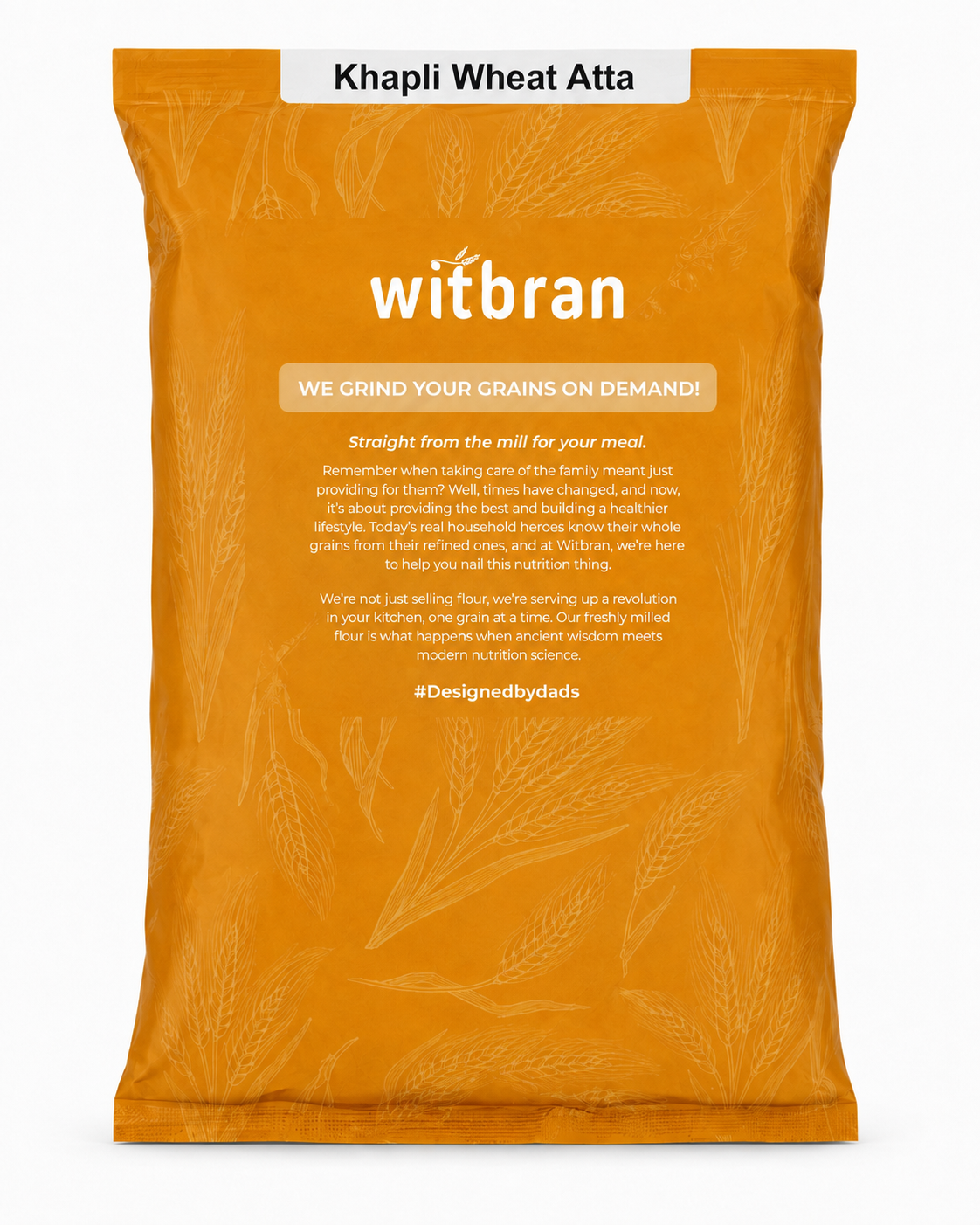 A large orange bag of Witbran Khapli Wheat Atta, featuring white branding and product details on the front, set against a clean white background.