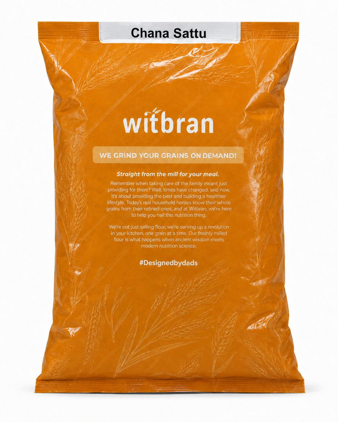 A bag of witbran Chana Sattu snack mix on a plain white background. The packaging is a vibrant orange with white text and subtle grain illustrations.