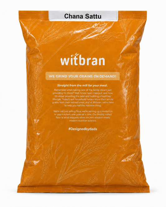 A bag of witbran Chana Sattu snack mix on a plain white background. The packaging is a vibrant orange with white text and subtle grain illustrations.